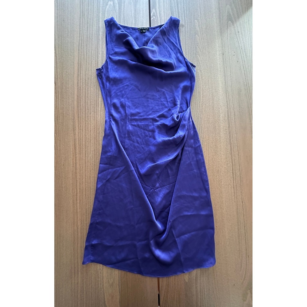Theory Royal Blue 100% Silk Cowl Neck Draped Sleeveless Mini Dress Size 2